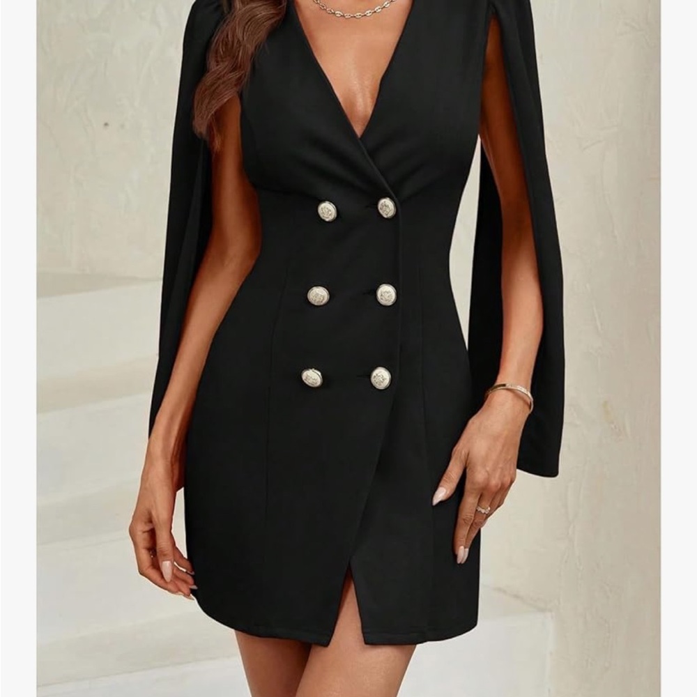 Elegant Black Double-Breasted Cape Dress